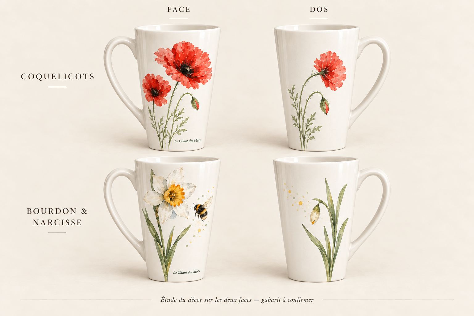Maquettes des tasses Coquelicots et Bourdon & Narcisse.
