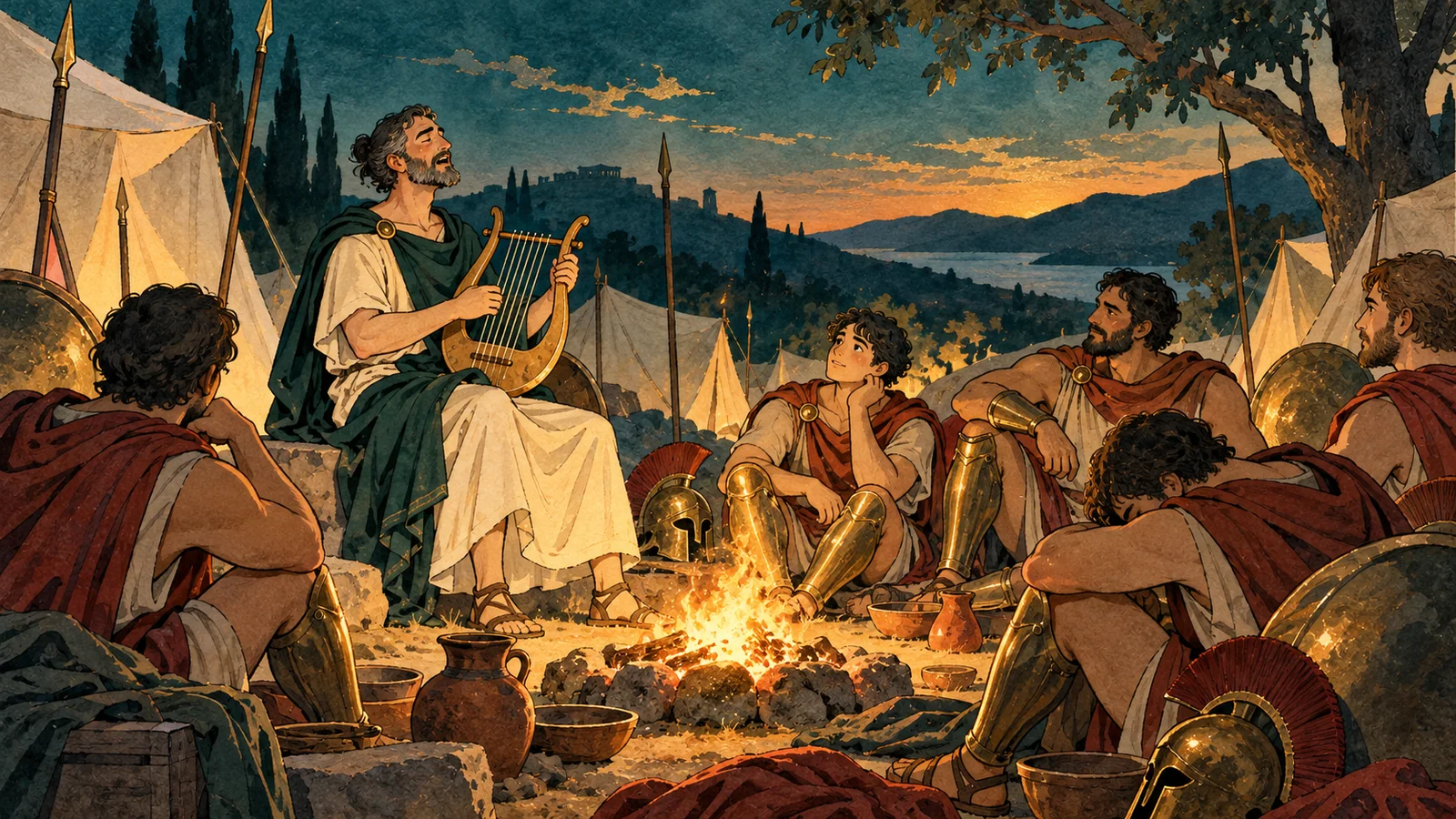 Tyrtée chante en s’accompagnant de sa lyre devant des guerriers rassemblés autour d’un feu.