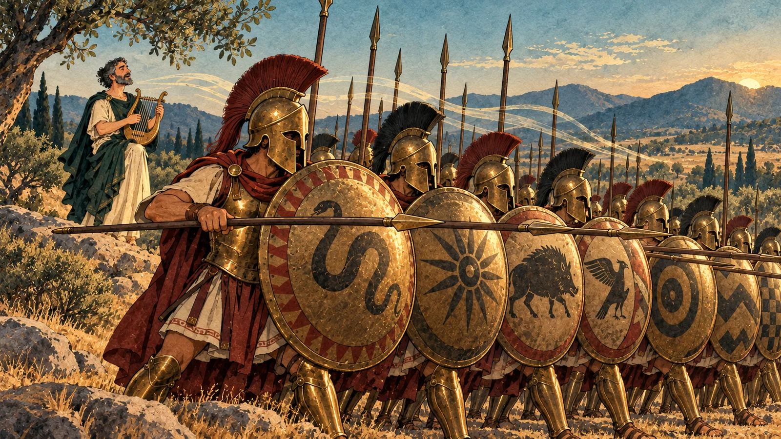 Une phalange de hoplites archaïques portant casques corinthiens, cuirasses, cnémides, boucliers et lances, accompagnée par le chant de Tyrtée.