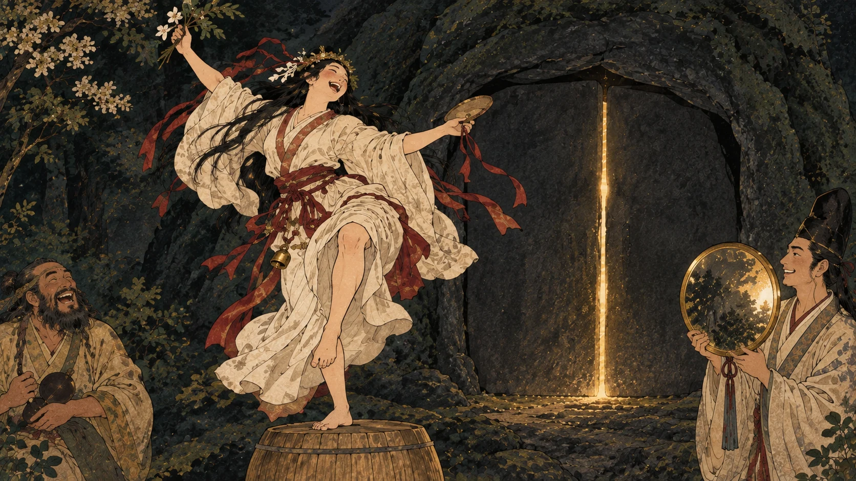 Ame-no-Uzume danse sur une cuve renversée devant la grotte ; deux dieux rient et l’un tient un miroir.