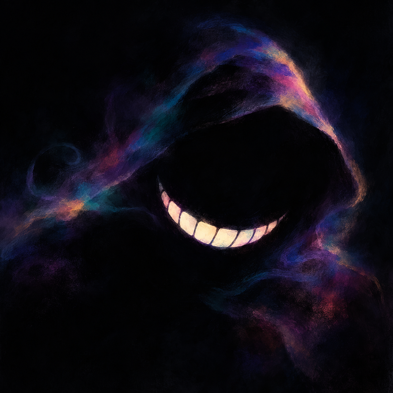 Un sourire blanc dessiné flotte dans l’obscurité, sous une capuche esquissée de brumes bleues, violettes et dorées.
