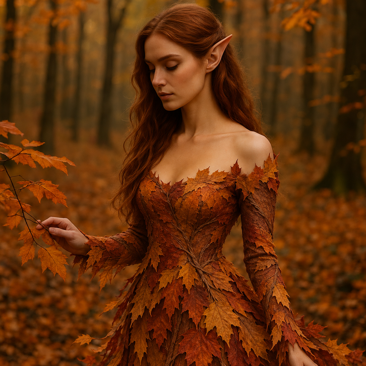 Une elfe adulte rousse porte une robe entièrement composée de feuilles cuivrées aux nervures visibles, dans une forêt d’automne.