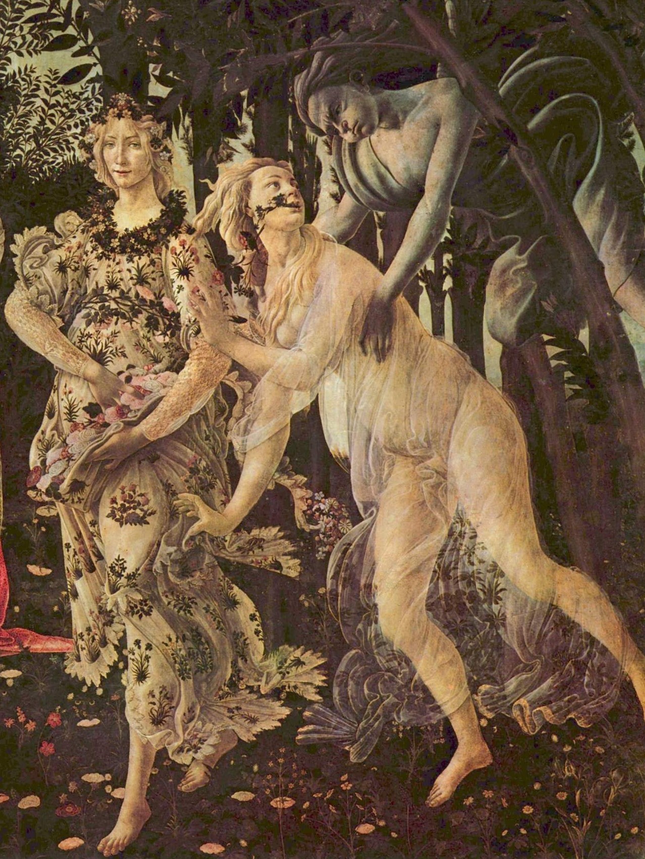 Détail de la Primavera : Flora en robe fleurie, Chloris qui se retourne et Zéphyr qui la saisit.