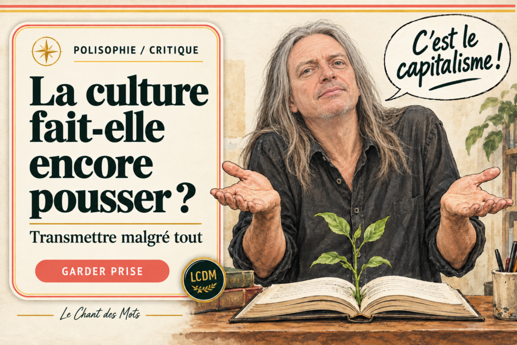 Caricature de Franck Lepage haussant les épaules devant un livre dont pousse une plante. Bulle satirique : C’est le capitalisme !