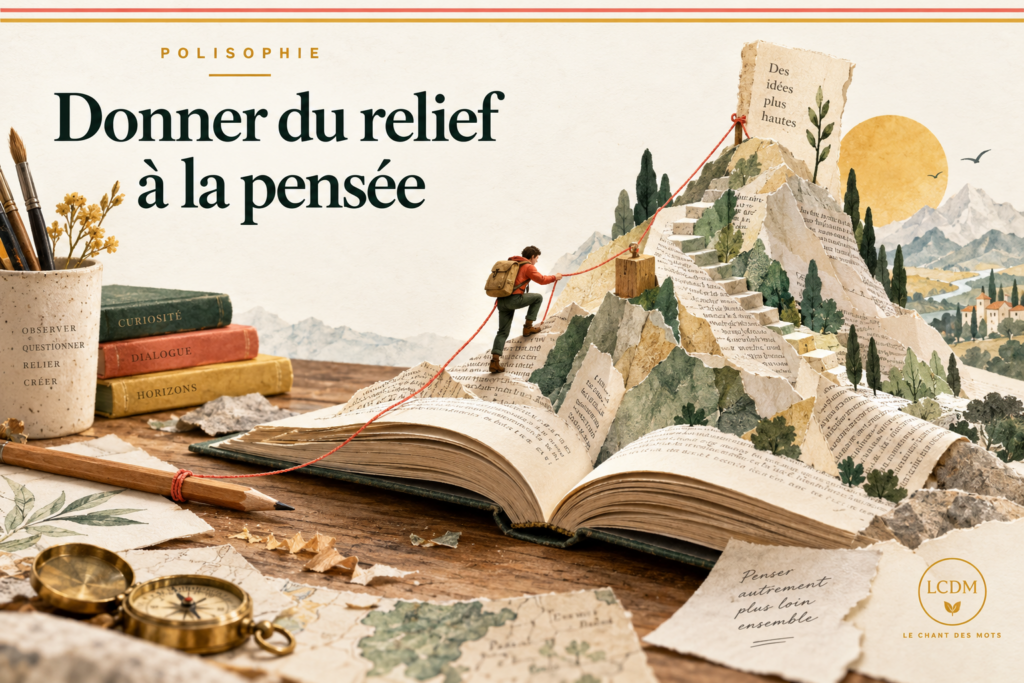 Un livre ouvert devient un relief de papier. Un marcheur y trouve des prises, reliées par un fil rouge à un crayon et à un morceau de bois.
