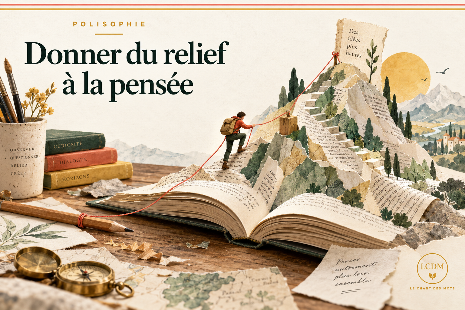 Un livre ouvert devient un relief de papier. Un marcheur y trouve des prises, reliées par un fil rouge à un crayon et à un morceau de bois.