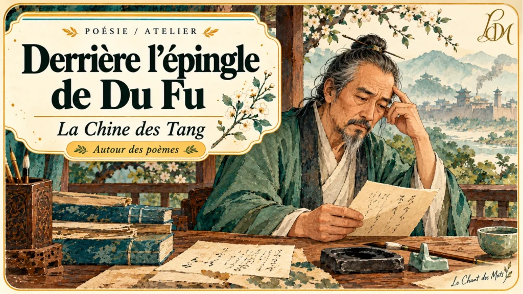 Évocation de Du Fu lisant une lettre, une épingle dans les cheveux, devant une ville des Tang ; couverture du Chant des Mots.