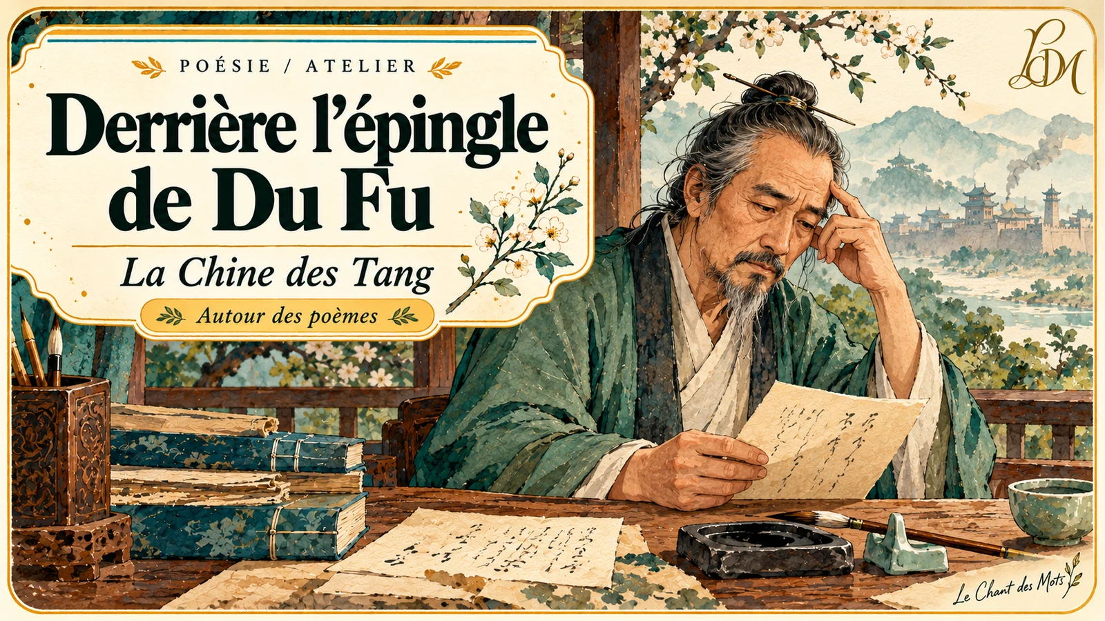 Évocation de Du Fu lisant une lettre, une épingle dans les cheveux, devant une ville des Tang ; couverture du Chant des Mots.