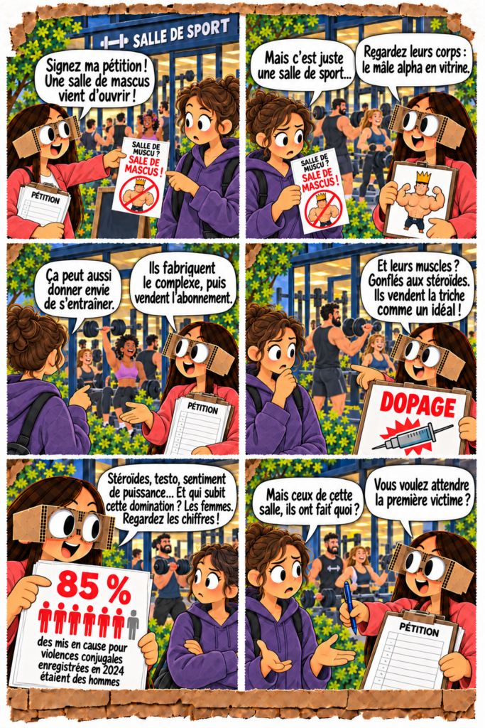 BD Emma cherche son combat, planche 1 : une apprentie Jedi de la scolastase distribue des tracts devant une salle de sport.