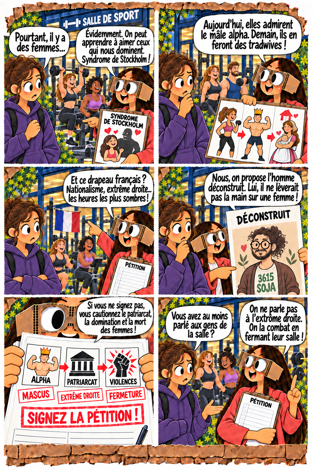 Emma cherche son combat, planche 2 : elle enchaîne les accusations et présente l’homme déconstruit 3615 SOJA.