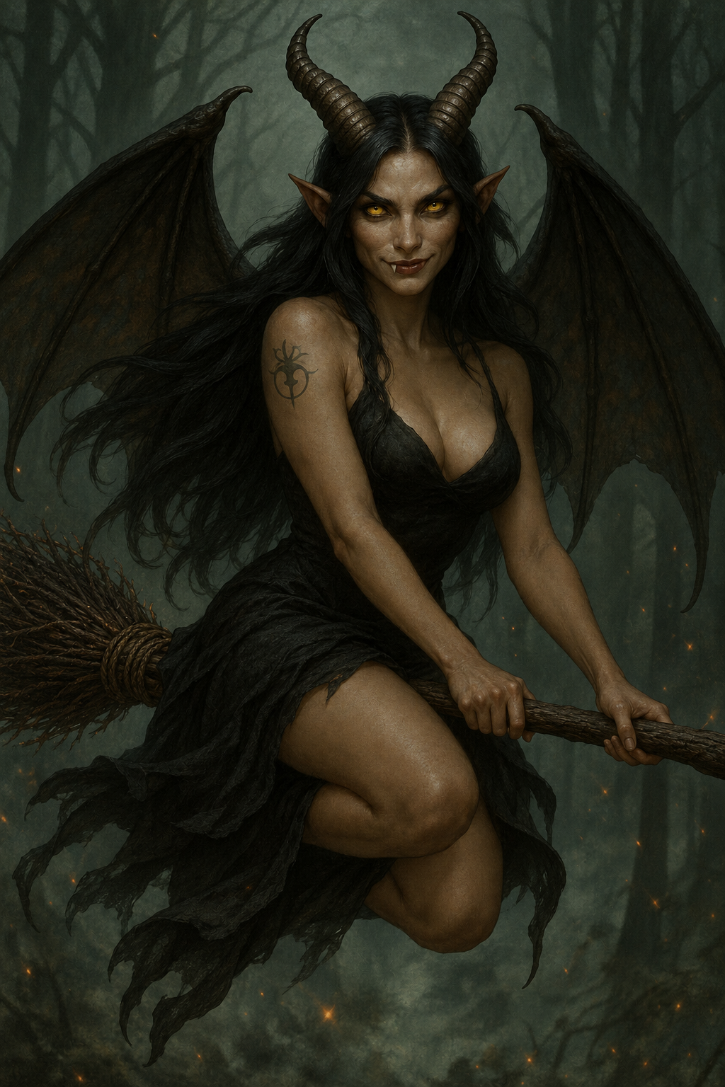 Une sorcière adulte aux cornes recourbées et aux ailes sombres chevauche un balai dans une forêt brumeuse, avec un sourire de malice.