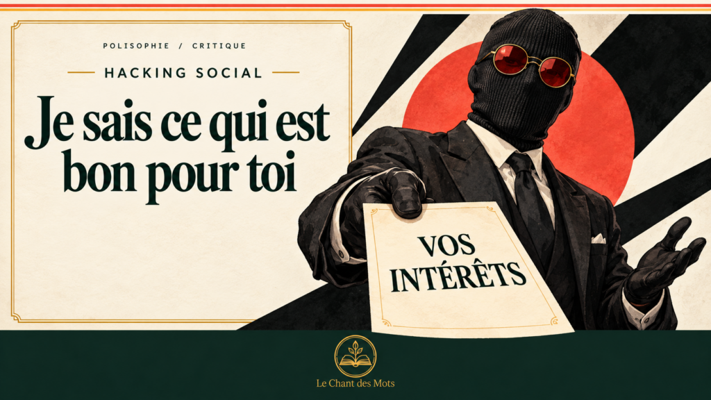 Illustration satirique : personnage cagoulé en costume et lunettes rouges présentant une fiche « Vos intérêts ».