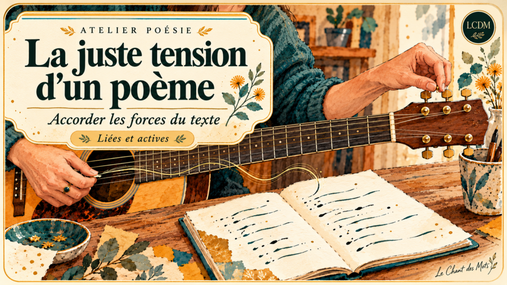 Des mains accordent une guitare près d’un cahier de poésie. Vignette « La juste tension d’un poème », Le Chant des Mots.