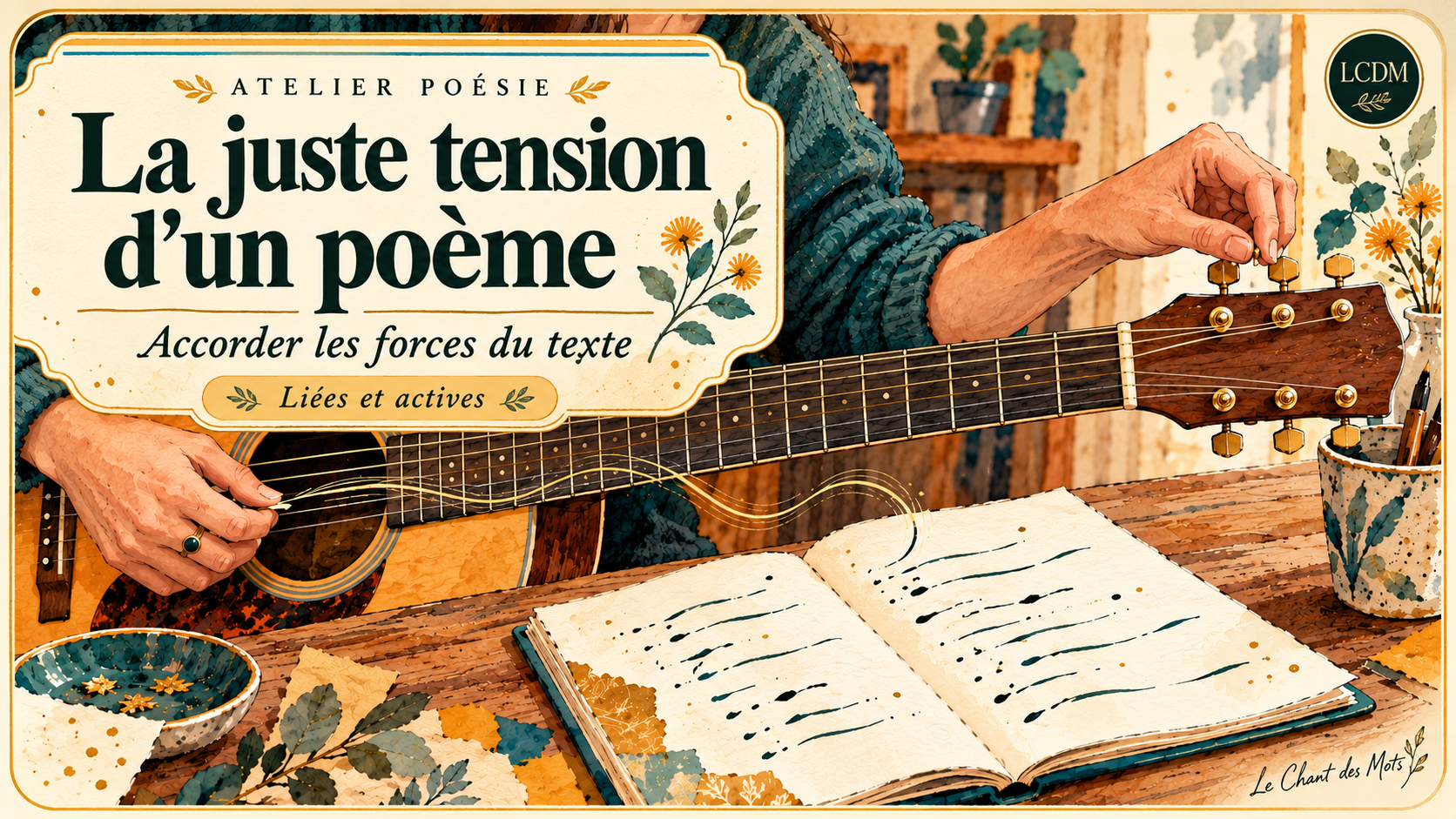 Des mains accordent une guitare près d’un cahier de poésie. Vignette « La juste tension d’un poème », Le Chant des Mots.