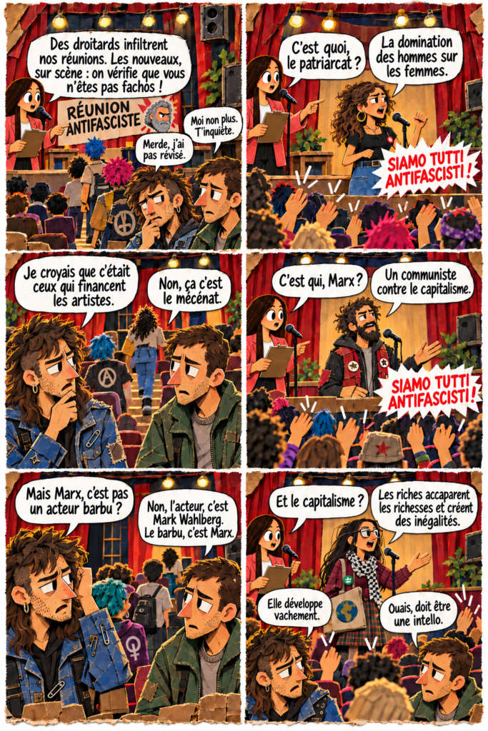 BD satirique Emma Fourtou, épisode 3 : réunion antifasciste et test des nouveaux, planche 1 sur 2