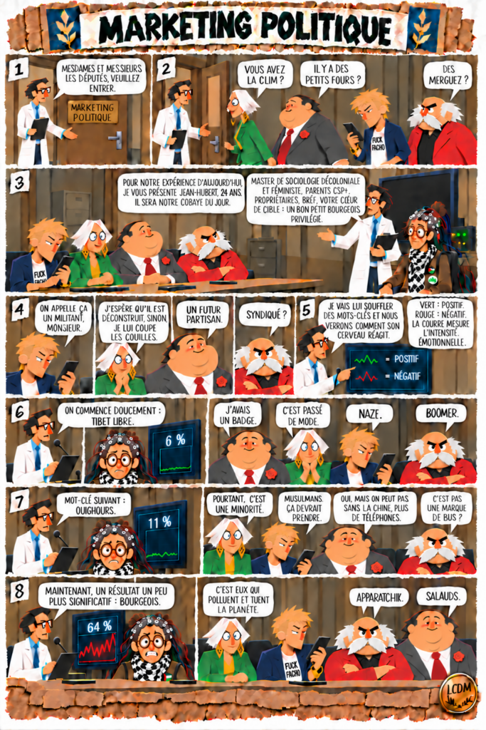 BD satirique Marketing politique : quatre députés observent les réactions émotionnelles de Jean-Hubert à différents mots-clés, planche 1 sur 2.