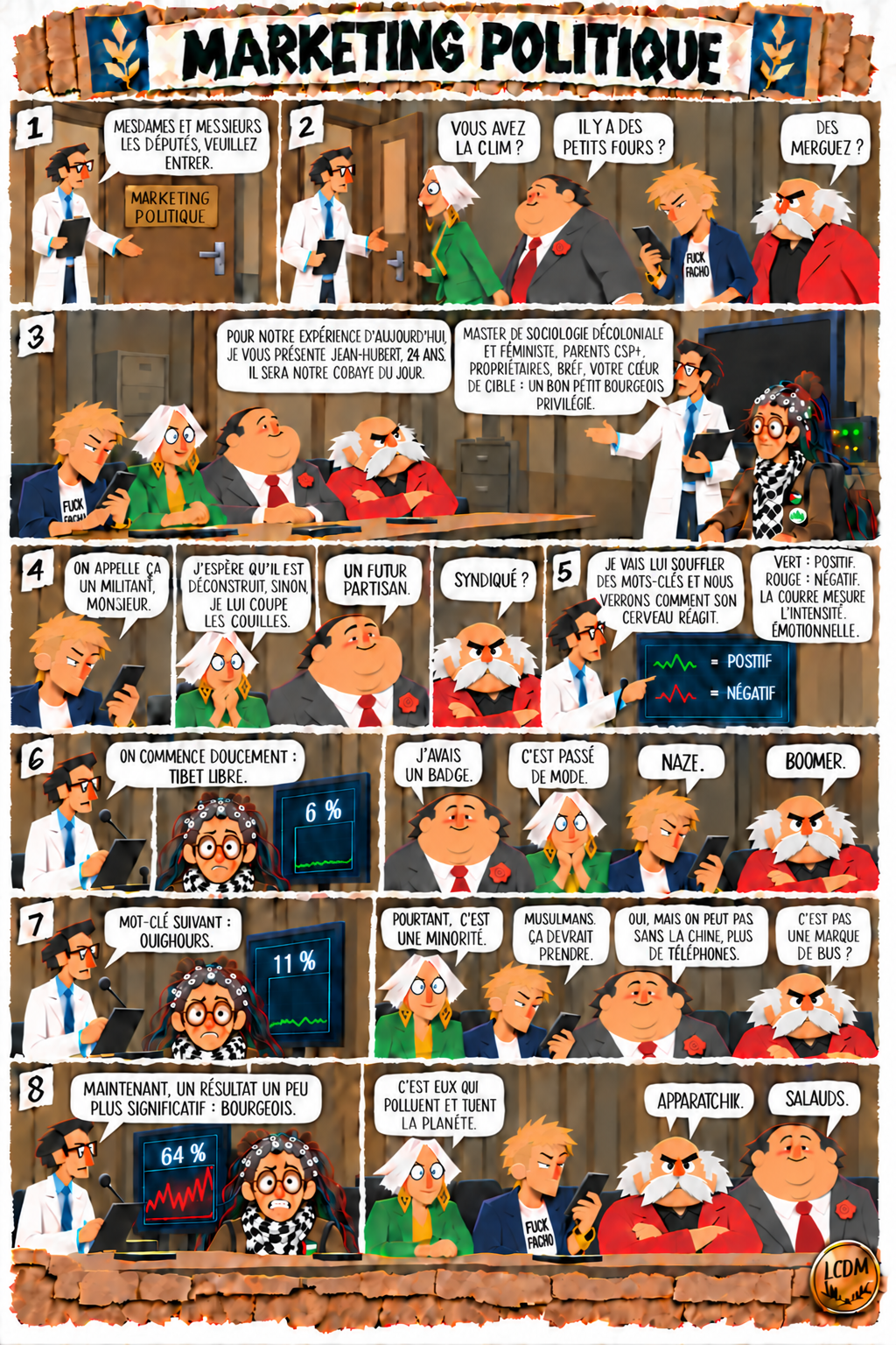 BD satirique Marketing politique : quatre députés observent les réactions émotionnelles de Jean-Hubert à différents mots-clés, planche 1 sur 2.