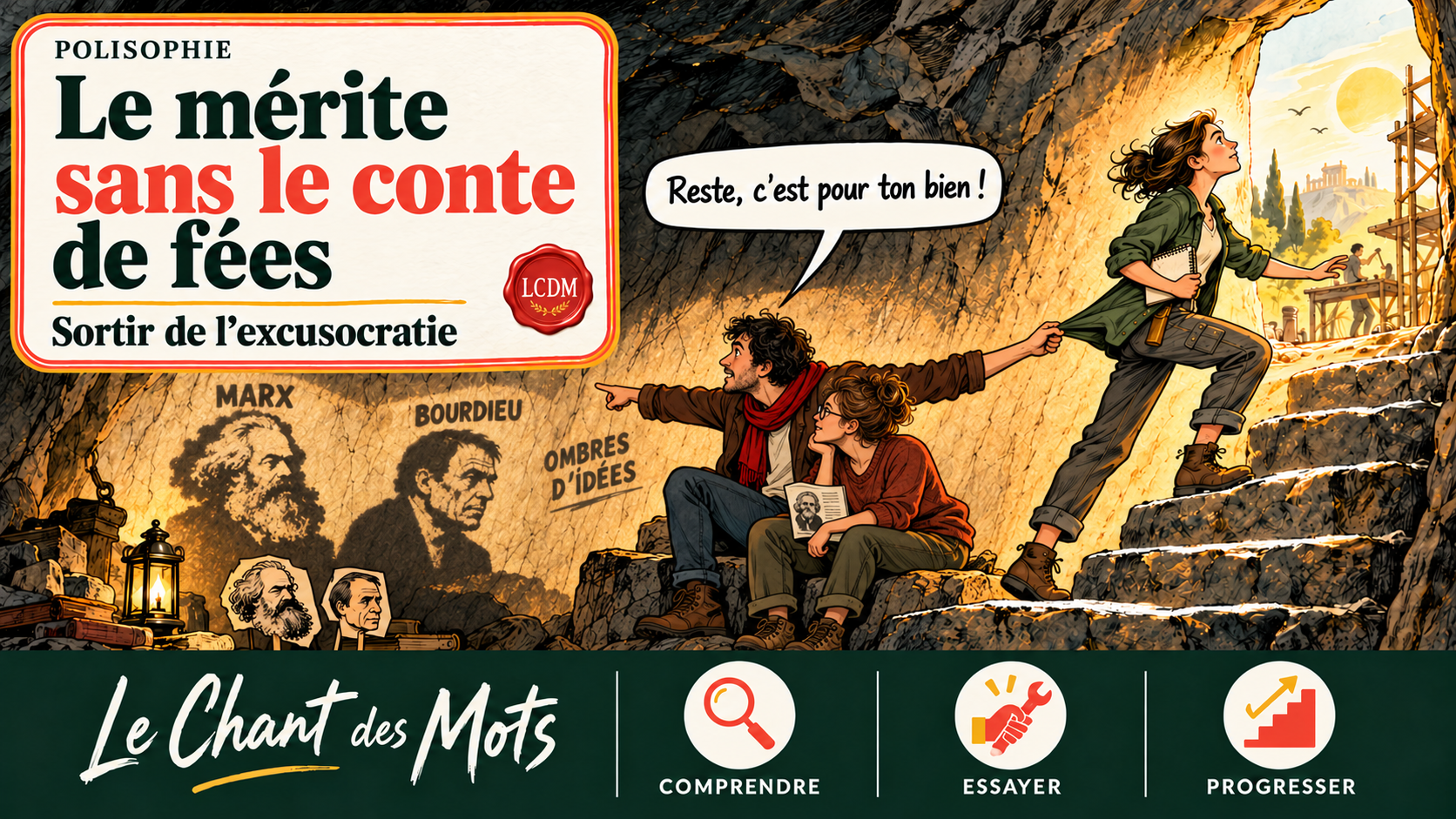 Dans une caverne, des spectateurs regardent les ombres de Marx et Bourdieu ; l’un retient par la veste une jeune femme qui monte vers la lumière et un atelier.