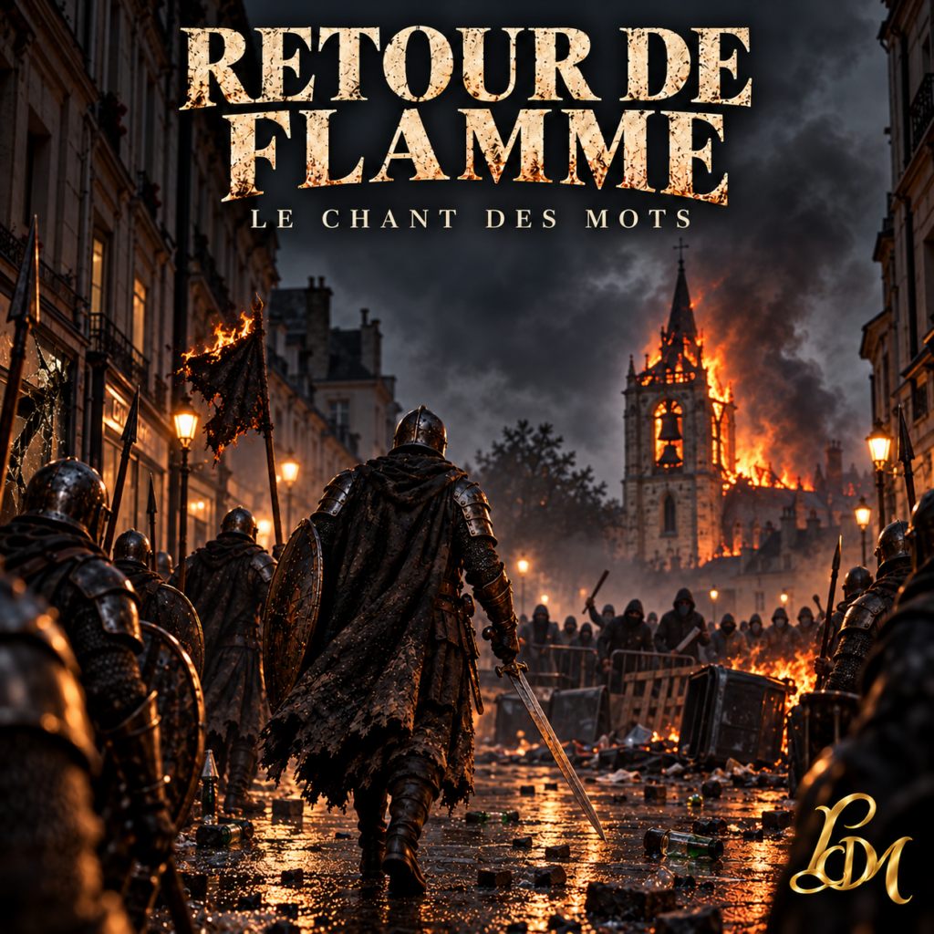 Un guerrier avance, épée en main, avec une légion dans une rue dévastée. En face, des silhouettes cagoulées et une barricade ; au fond, un clocher brûle. Titre Retour de flamme, Le Chant des Mots et monogramme LCDM doré.