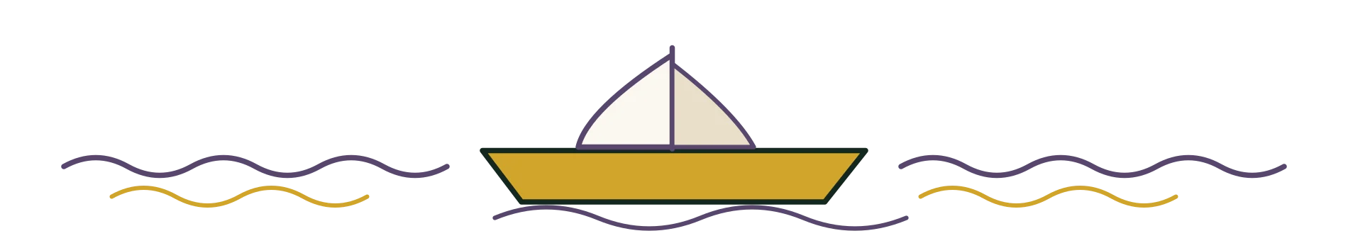 Une barque dessinée entre deux rives.