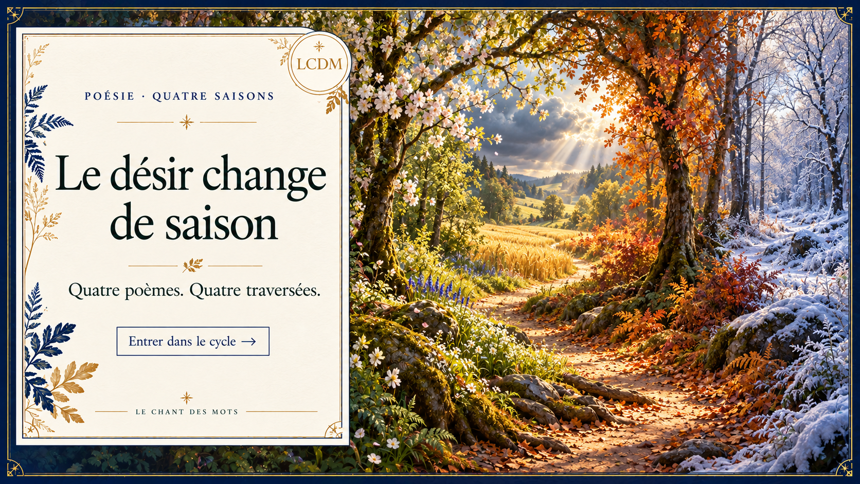 Le désir change de saison : quatre poèmes, quatre traversées. Une forêt passe des fleurs au blé, aux feuilles cuivrées puis à la neige, dans un cadre bleu impérial et or signé LCDM.