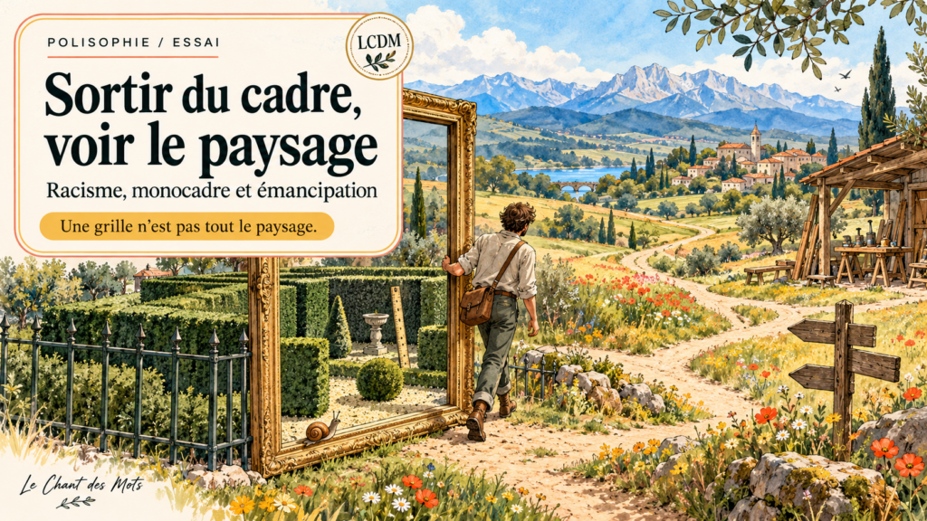 Un voyageur sort d’un cadre étroit et découvre un paysage ouvert, un village et un atelier.