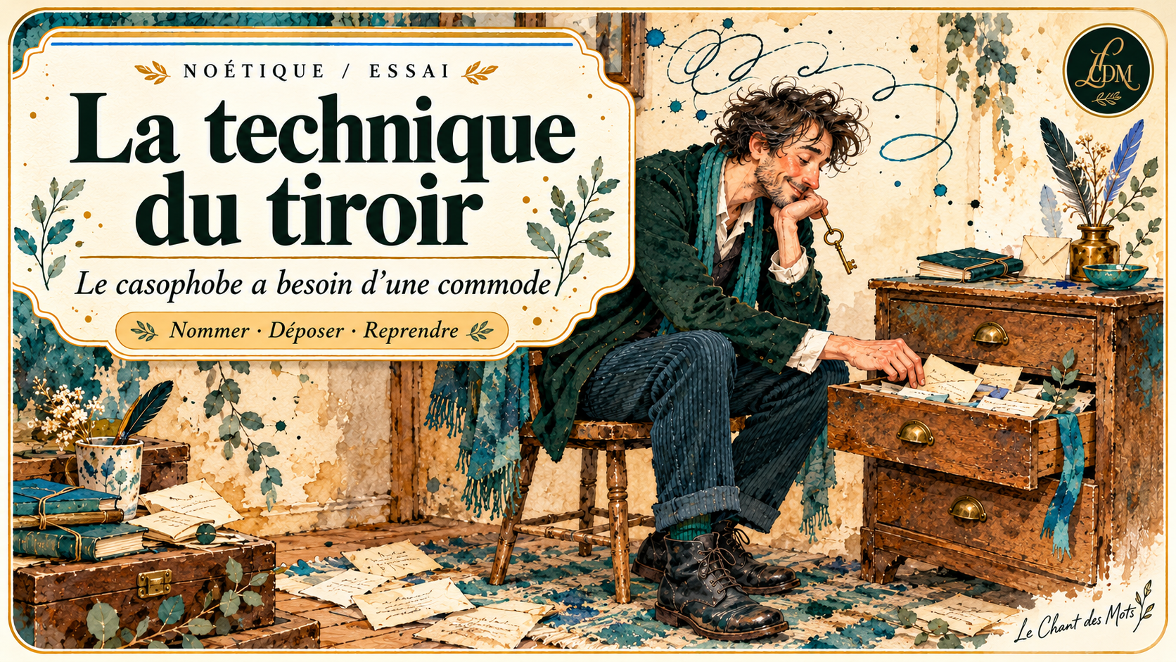 La technique du tiroir : le casophobe a besoin d’une commode. Un poète range ses papiers dans une commode, sous un cartouche crème et le sceau LCDM.