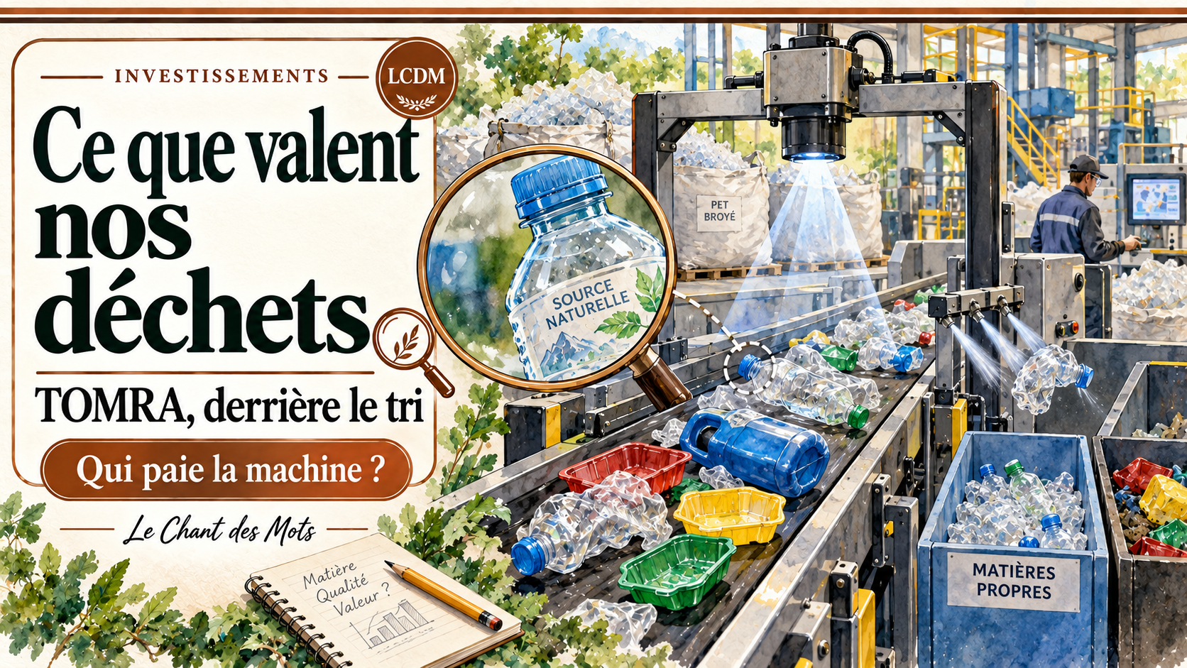 Illustration du dossier Ce que valent nos déchets : un tapis de tri, des bouteilles et une caméra, dans la charte cuivrée du Carnet d’investissement.
